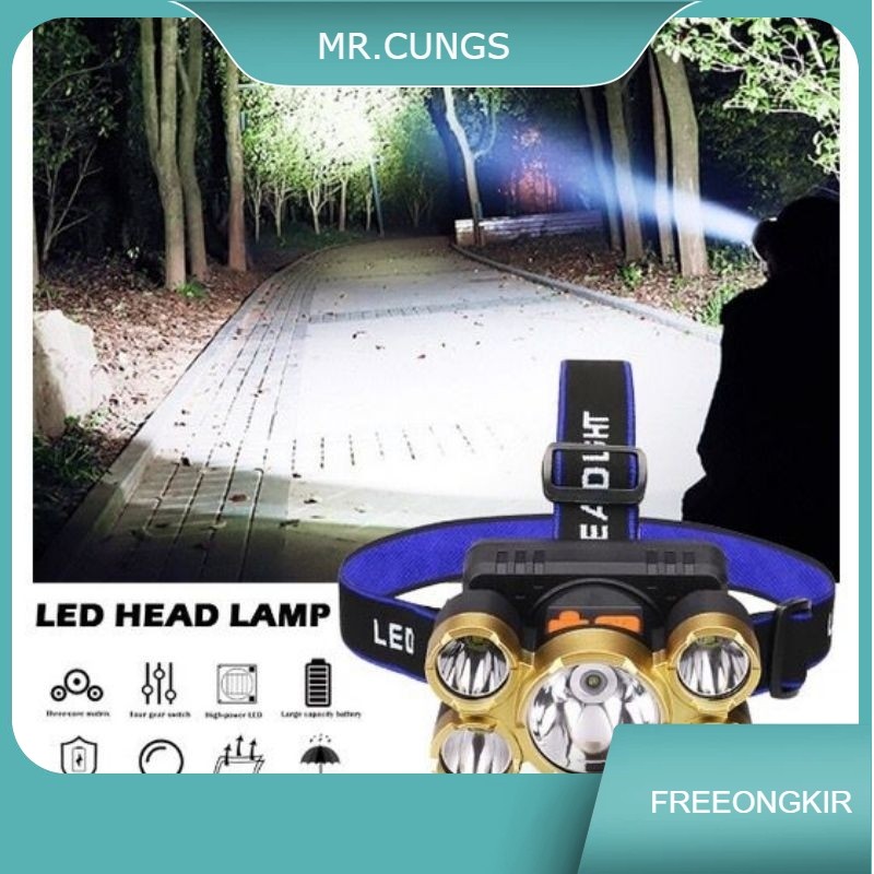 Senter Kepala 5 mata Headlamp High Power 3*XPE 38000W Waterproof