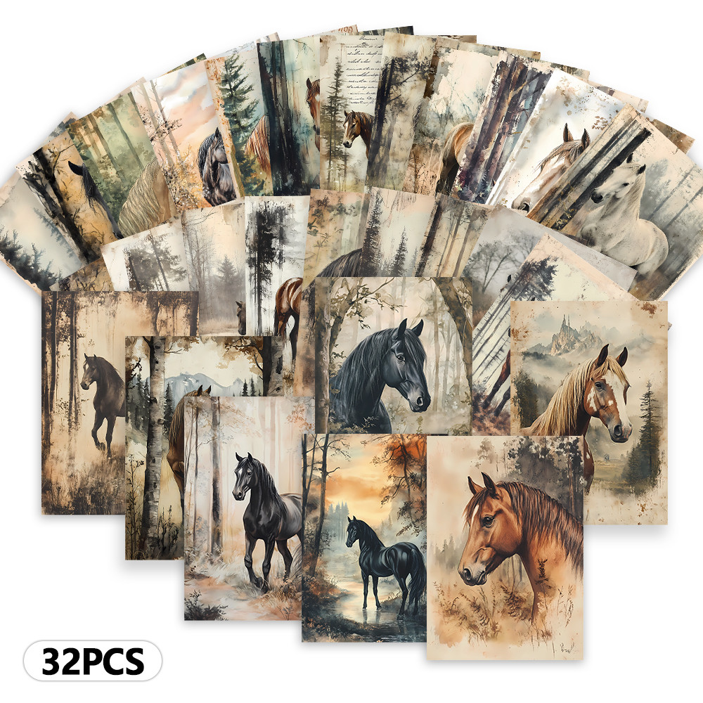 

32pcs, vintage forest horse postcard, room decoration sticker, handbook material, souvenir, collectible and mailable