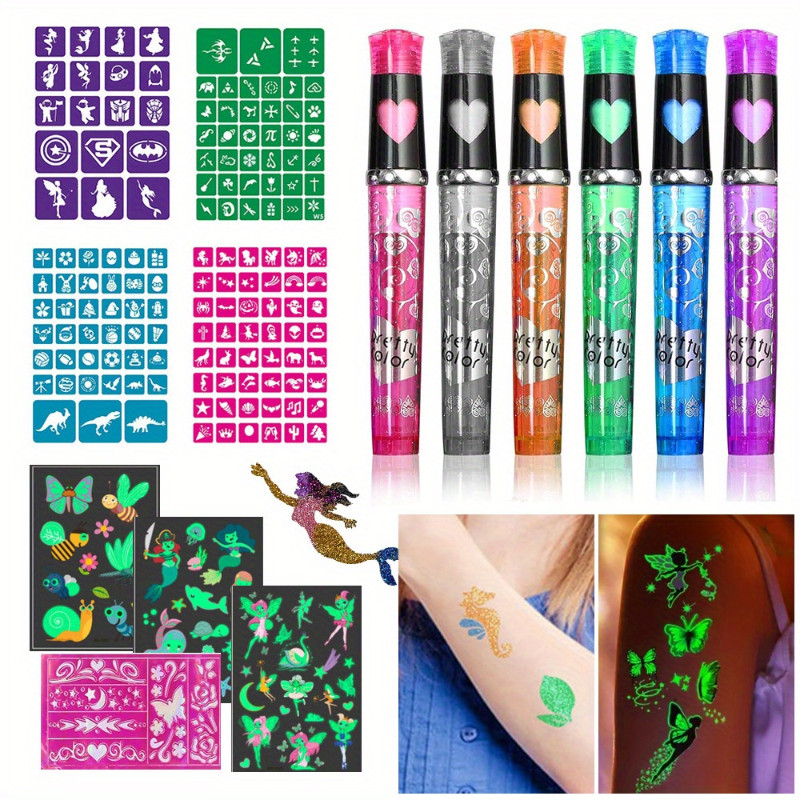 

Temporary Tattoo Markers Kit -6pcs Washable DIY Stencil Set Body Art Painting Pen Stationery with Stickers for Festivals Parties