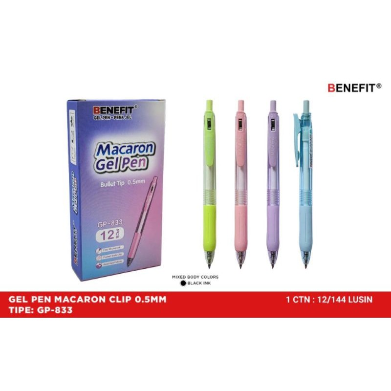 

Pulpen Gel Benefit Gp-833 Macaron 0.5mm ( 1pak/12pcs )