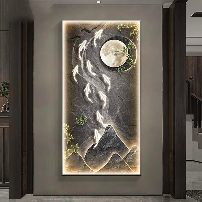 Lukisan Porcelain Painting Diamond Ikan Koi 9 FengShui Bulan Gold LED