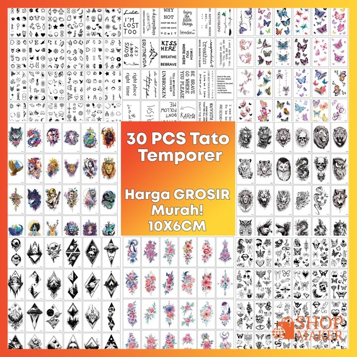 30 Pcs Stiker Tato Temporer Grosir Termurah Hewan, Galaxy, Bunga & Tulisan – Stiker Waterproof 10x6c