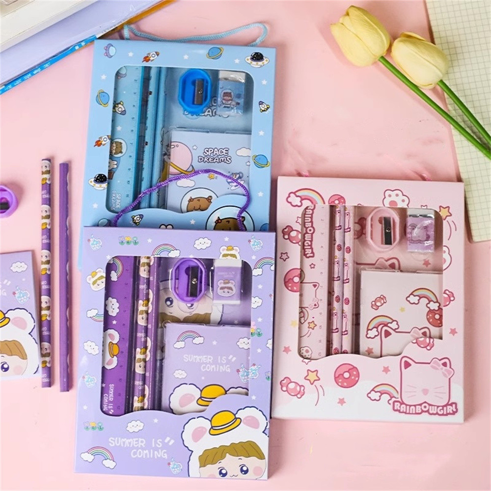 

Cartoon Rabbit Pencil Ruler Eraser Sharpener Stationery Set Student School Office Writing Supplies Kindergarten Kids Gift