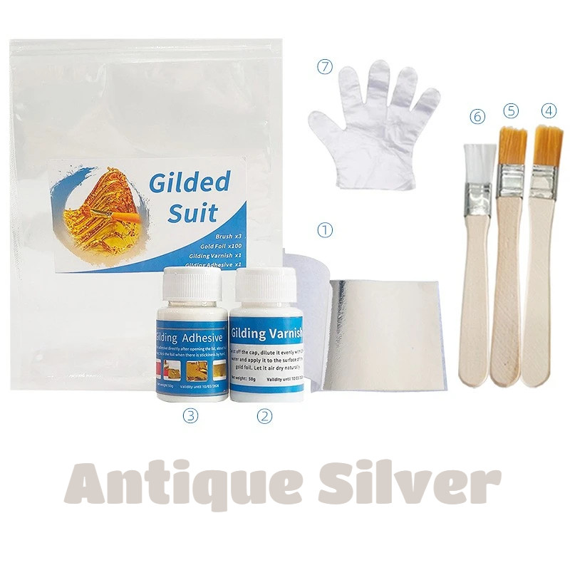 

7-Piece - Gold Leaf Starter Kit Gilding Glue/Protective Varnish/Deco Sheets | DIY Beginner Set for Crafts/Nails/Furniture