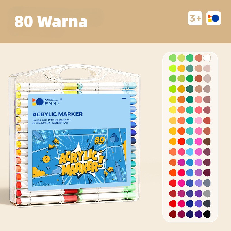 

ENMY Spidol Akrilik Marker Set Waterbased 24/48/60/80 Warna Untuk Anak, Art Drawing Mewarnai, Tidak Berbau Aman