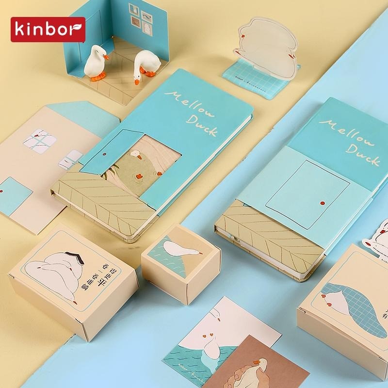 

Kinbor Mellow Duck Grid Notebook Stationery Gift Set Creative Kawaii Illustration card Writing Suit For Children's Girls caderno