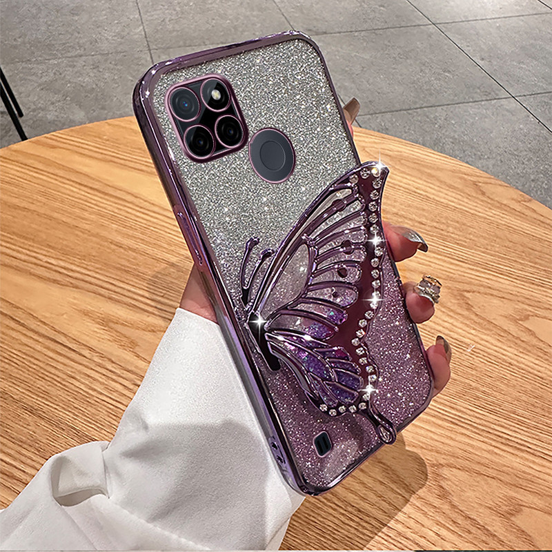 Casing HP Realme C25Y C21Y C21 C20 C17 C15 C11 2021 C11 berlian mengkilap Cairan Bening Berdiri kupu