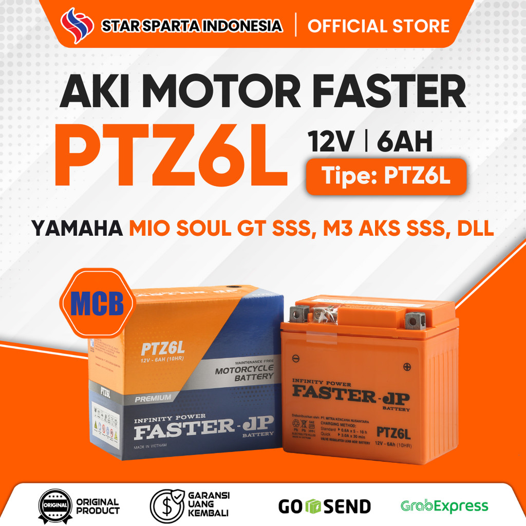 Faster JP - Aki PTZ6L 12V 6Ah untuk Yamaha Mio Soul GT SSS, M3 AKS SSS