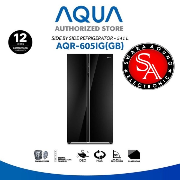 Kulkas Side By Side AQUA Glass Black Type: AQR-605IG (Khusus Medan)