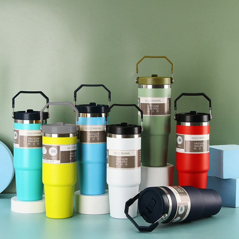 

coffee cup Handle Straw Lid Stainless Steel Vacuum Insulated Car Mug Double Wall Thermal Iced Travel Cup