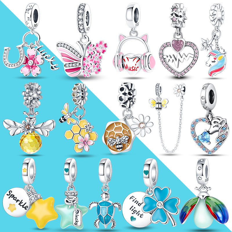 Fit Pandora 925 Original Bracelet Diy Pink Headphone Unicorn Honey Bee Silver Charms Luminous Firefl
