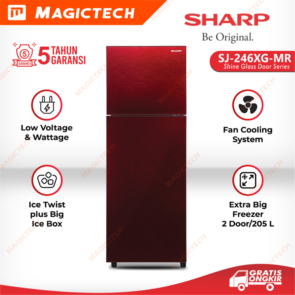 KULKAS SHARP 2 PINTU SJ-246XG-MR / SJ-246XG / SJ-246 SHINE GLASS DOOR RED