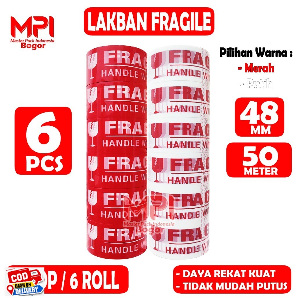 

1 SLOP [ 6 PCS ] - Lakban Fragile Merah - Fragile Putih 48 mm x 50 yard - Jangan Di Banting - MPI