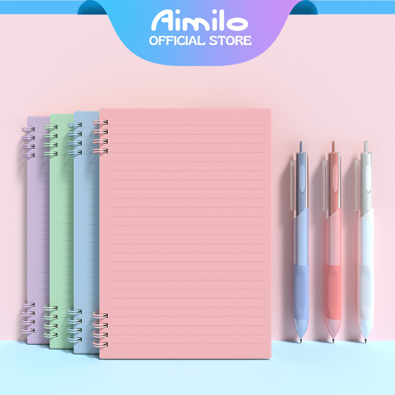 

[READY] Aimilo Notebook Set Notebook A5&Pulpen Gel Buku Diary Aesthetic 4 Warna Sekolah Stationary