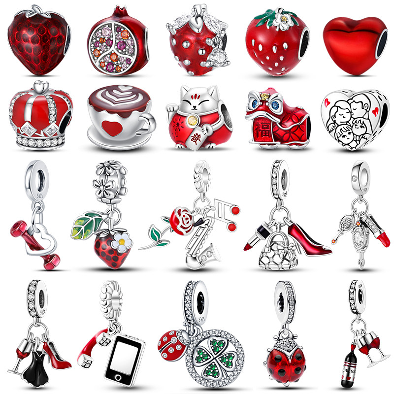 

Real 925 Sterling Silver Strawberry Lipstick Ladybird Red Charms Bead Fit Pandora 925 Original Bracelets For women DIY Jewellery