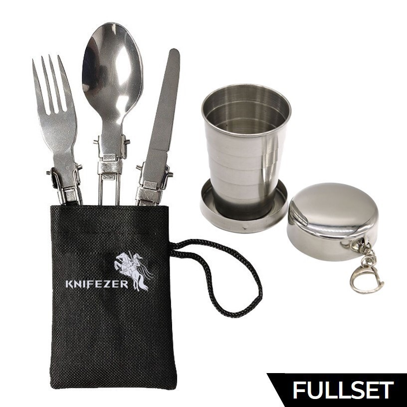 PAKET KNIFEZER Sendok garpu pisau lipat GELAS SET portable stainless steel CAMPING OUTDOOR TRAVEL