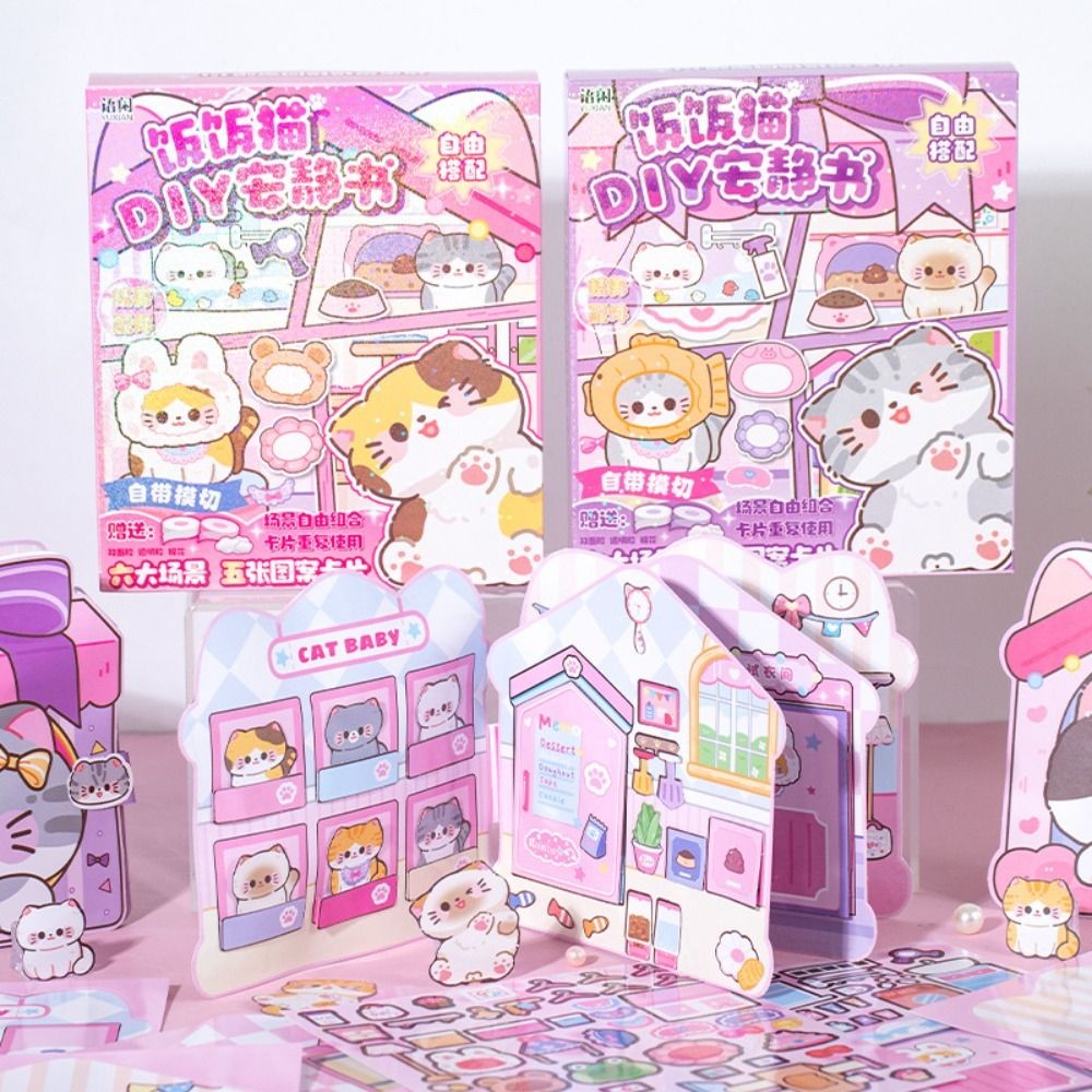 Educational Toys Montessori Magnetic Quiet book Handmade Cartoon Cat Sticker Book 3D Paper DIY Kids 