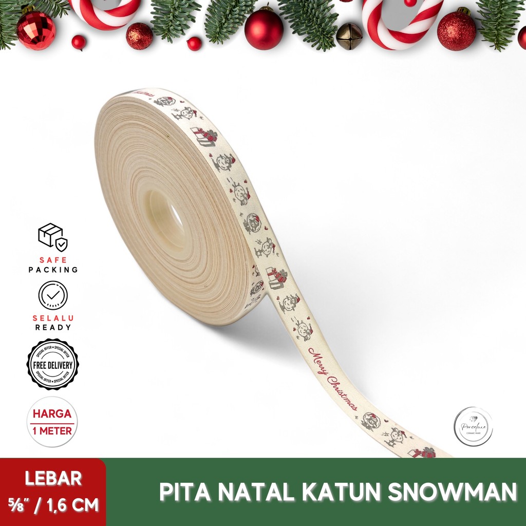 

[Meter] Pita Natal Katun Rajut Premium Motif Snowman Merry Christmas Warna Cream Printing Abu Merah Lebar 5/8" Inch / 1,6 cm Kado Hiasan Dekorasi Hampers Parcel Craft Satin Ribbon Grosgrain Premium Xmas Tree