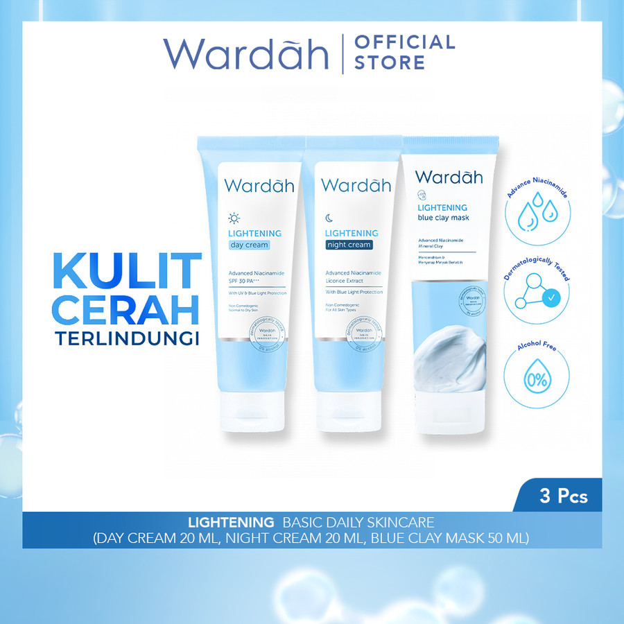 Wardah Paket Lightening Basic Daily Skincare - Day Cream, Night Cream, Blue Clay Mask - Pelembab dan