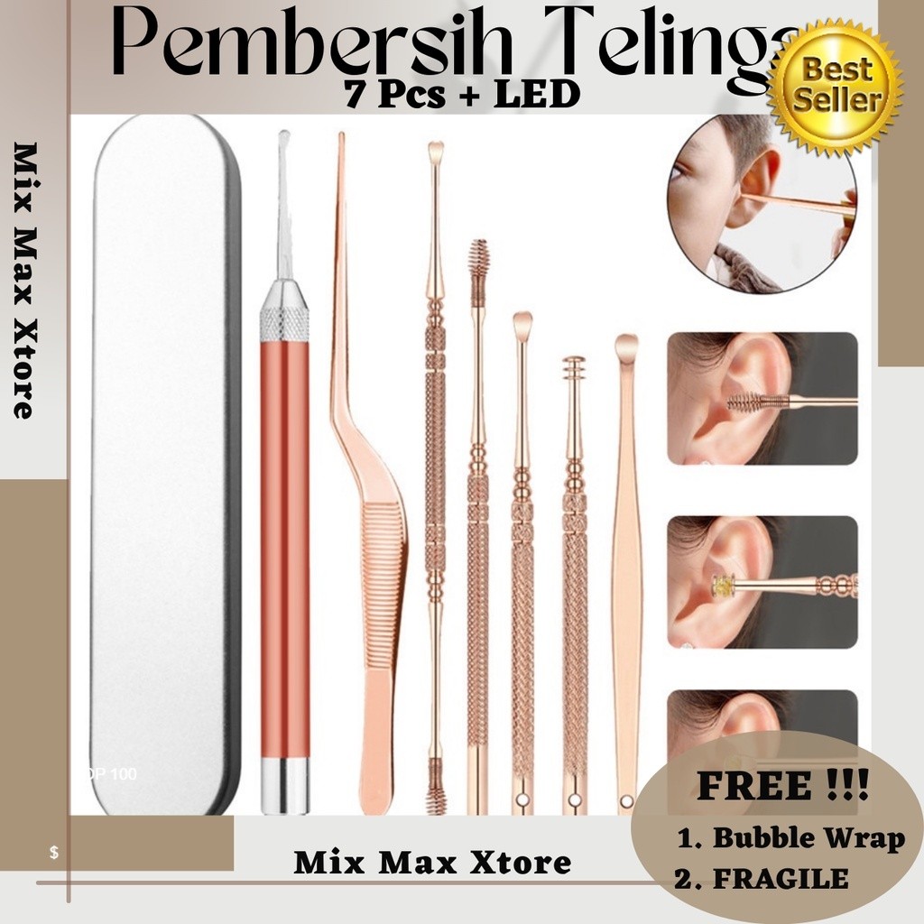 Biutte.co Pembersih Telinga Korek Kuping Ear Spoon Wax Picker with LED Light 7 PCS - Rose Gold (JC9)