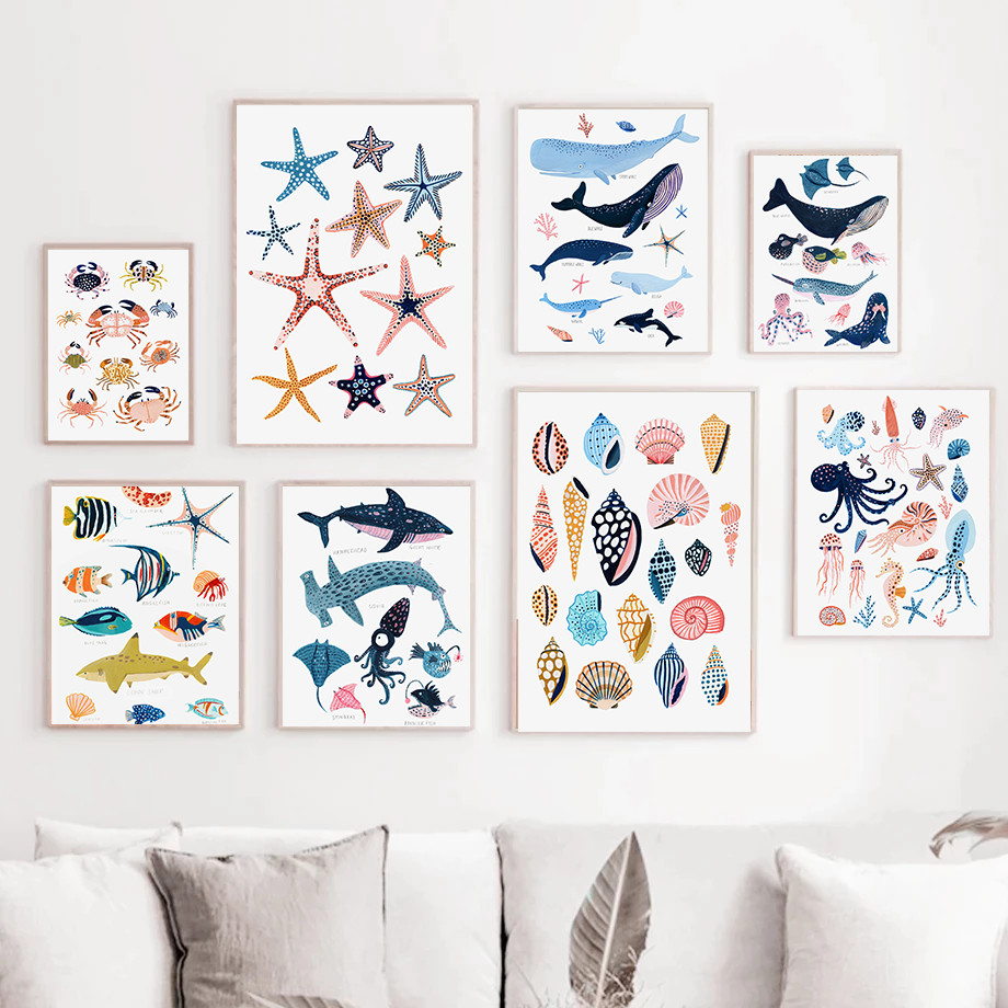 

Blue Whale Crab Starfish Nautical Sea Life Posters Print Pictures Home Living Room Nursery Wall Art Bathroom Decorative Painting
