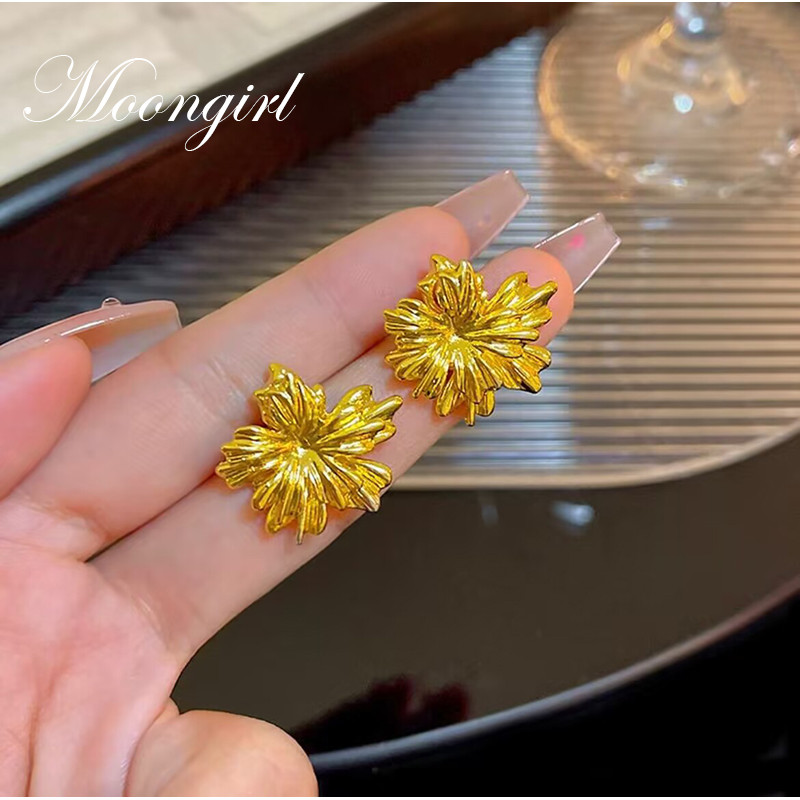 【Moongirl】Bunga tiga dimensi 925 anting pin perak depan dan belakang dua memakai anting-anting emas 