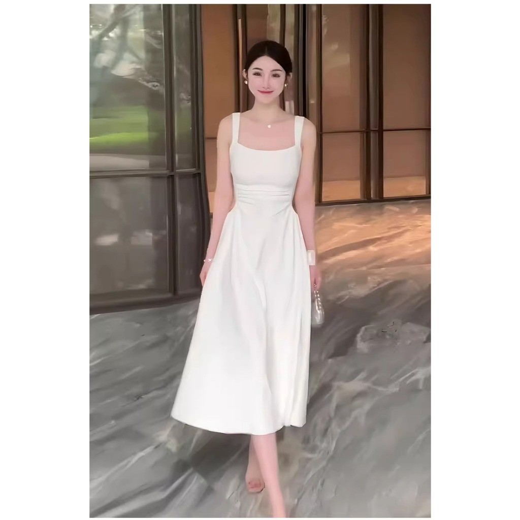 BEAGE_SHOP midi dress press body kekinian dress putih panjang tanpa lengan baju dress pesta wanita t