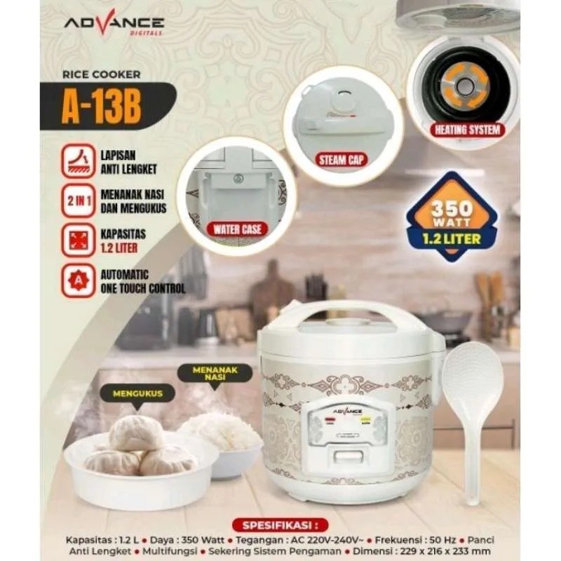 RICE COOKER ADVANCE A-13B 1.2L 350W | Penanak Nasi Advance A-13B 3 In 1 Serbaguna Anti Lengket