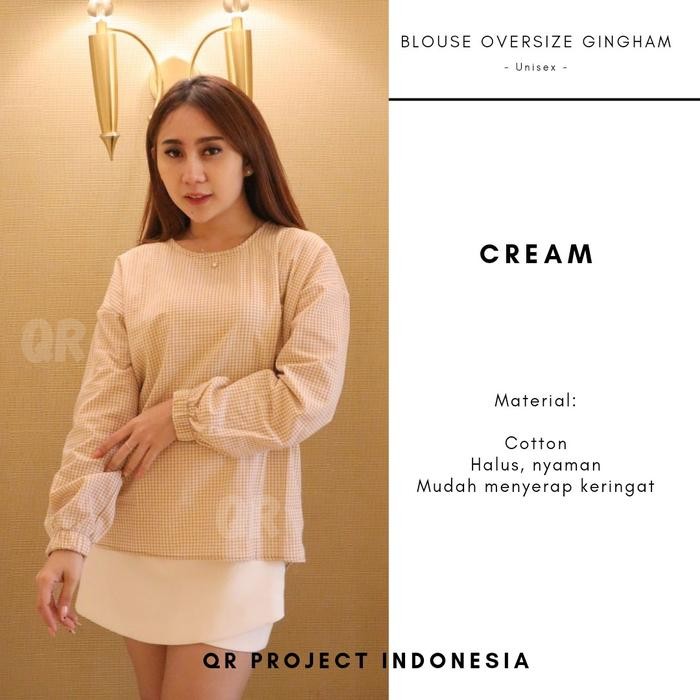 "S.LN.S" - SALE Blouse Oversize Atasan Wanita Motif Gingham Kotak-Kotak Lengan Balon - Cream, M