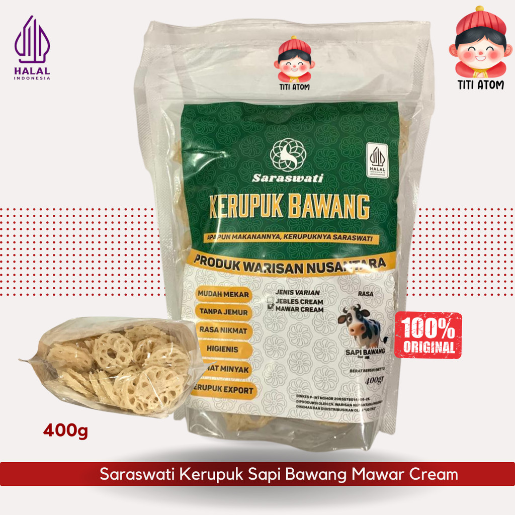 

Saraswati Kerupuk Sapi Bawang Mawar Cream Mentah Tinggal Goreng 400g