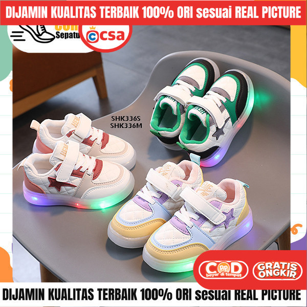 Sepatu Sneakers LED Anak Perempuan Laki Laki Sekolah TK SD Tali Star Lampu Nyala Import Murah SHK336