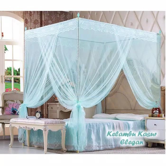 Kelambu Nyamuk Bentuk Kotak Mewah + Rangka Tiang Penyangga - Toska