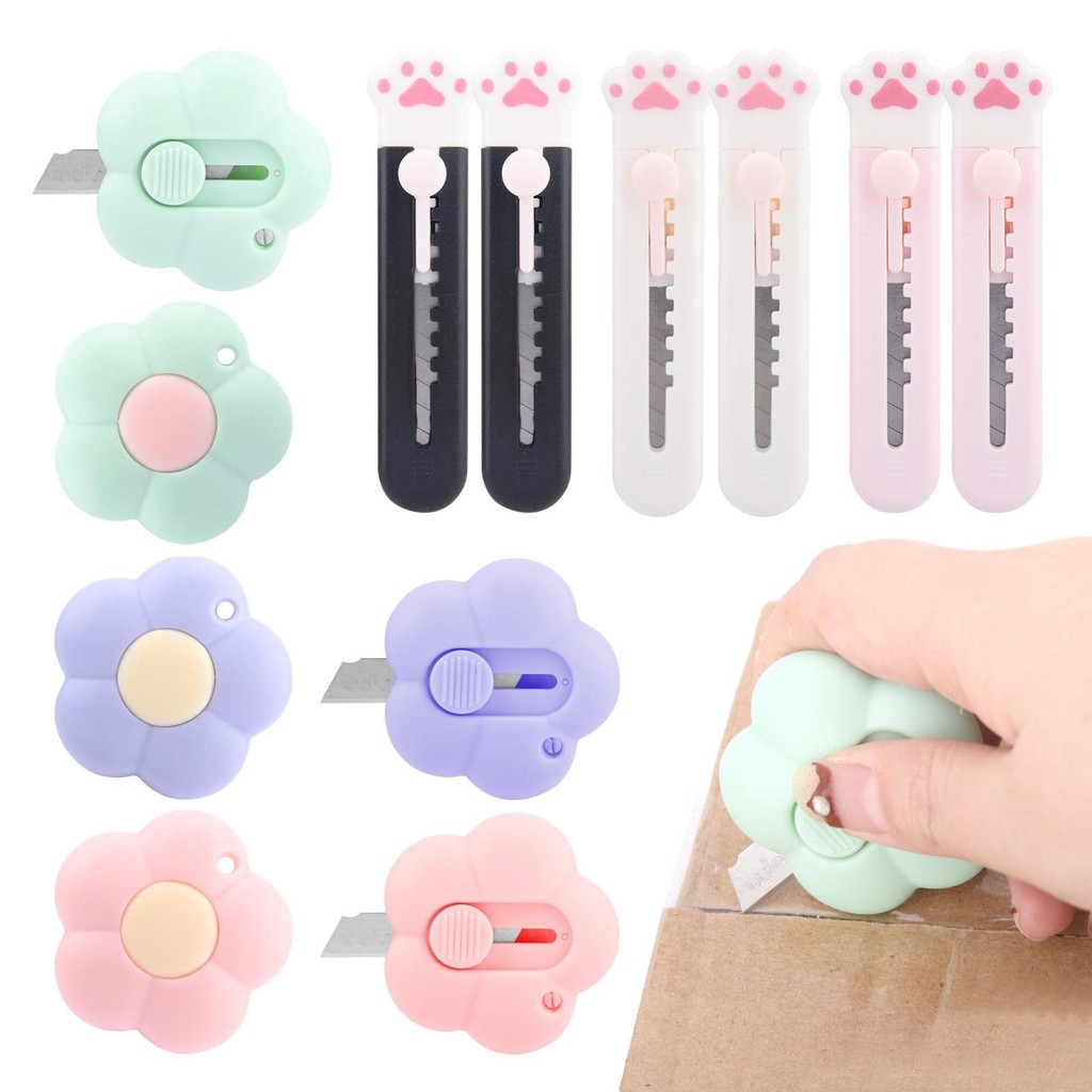 

6/12 Pcs Cute Box Cutters Telescopic Multifunctional Set Mini Cat Claw Opener Cardboard Cutter Mini Small Art