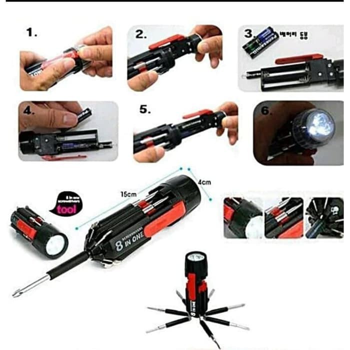 EDC Senter Set Travel Obeng 8 in 1 multifungsi