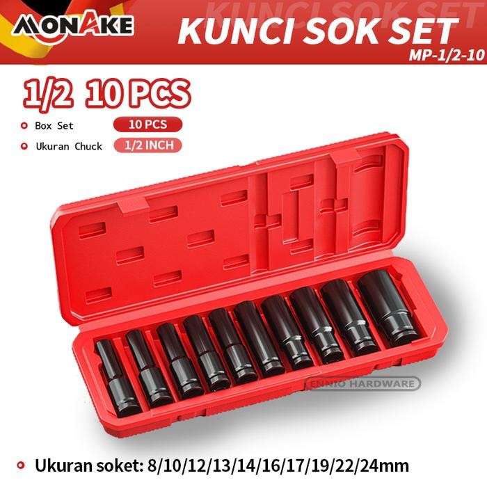 MONAKE Kunci Sok Set 1/2'' inch Set  Lengkap Kunci Mata Sok Potong Kunci Pas Alat Set Cincin Wrench 