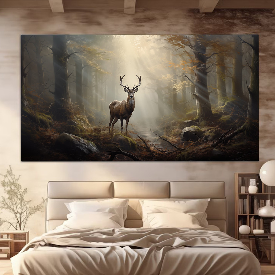 

Vintage Deer in Mystical Foggy Forest Wild Animals Nature Landscape Poster Canvas Painting Wall Art Pictures Home Bedroom Decor