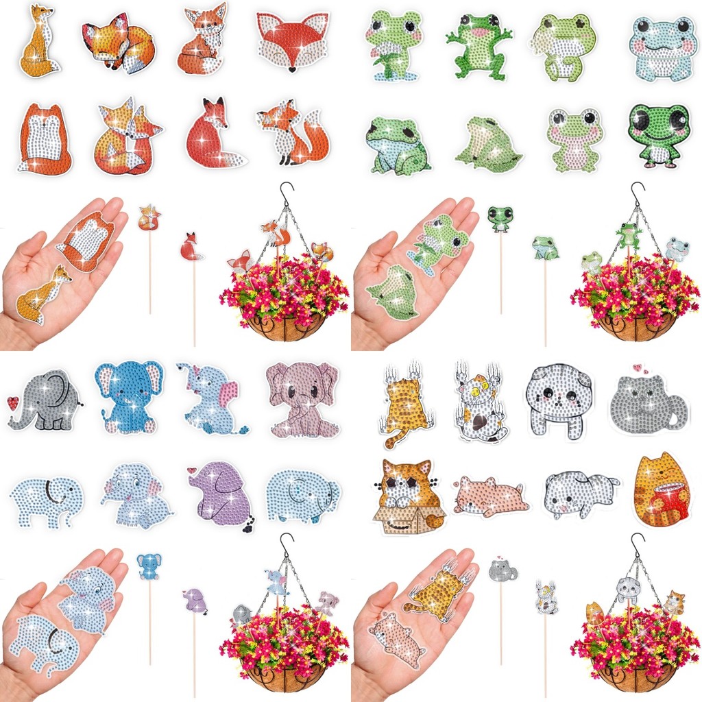 

8 DIY Animal/Diamond Art Garden Stakes, Acrylic craft flower POTS, Home Office desks, Office Wedding Decorations