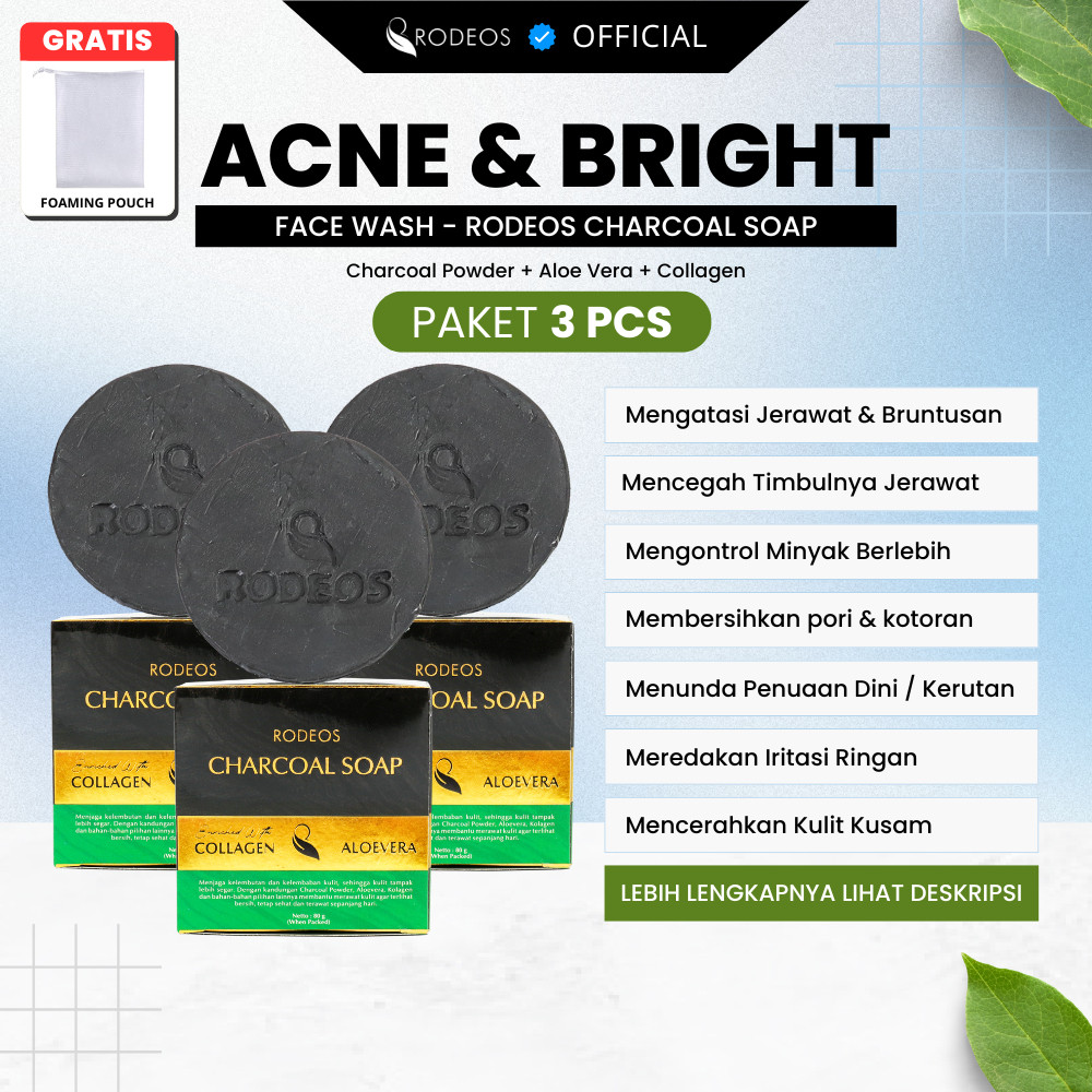 RODEOS - ACNE & BRIGHT 3 Pcs Charcoal Soap Original - Sabun Cuci Muka Pria & Wanita, Sabun Pemutih -