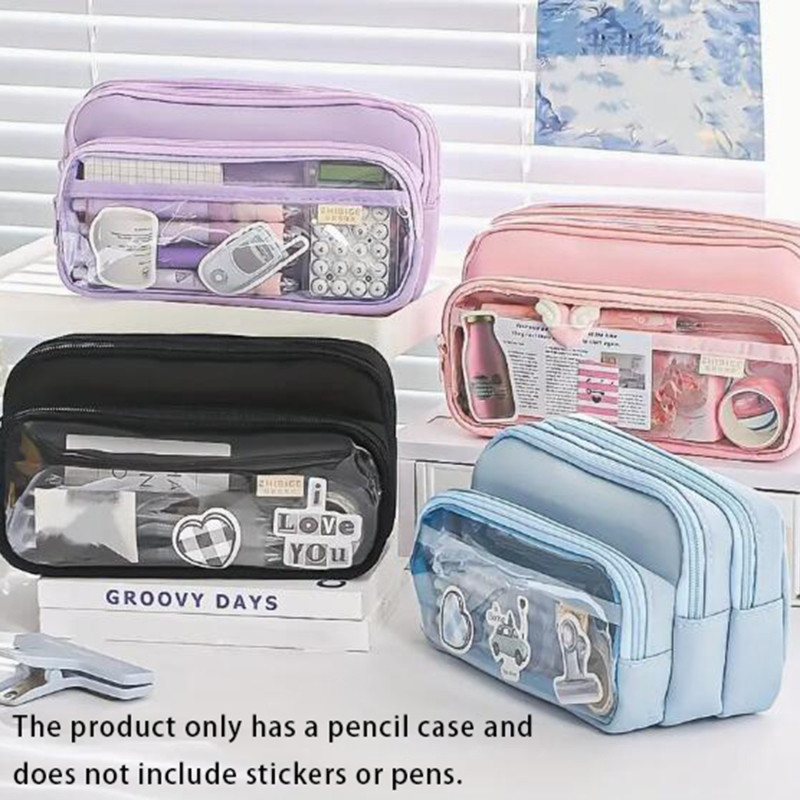 

Chic Solid Color Pencil Case Korean Simplicity Transparent Pen Pouch Large Capacity Stationery Organizer Bag School Supplies