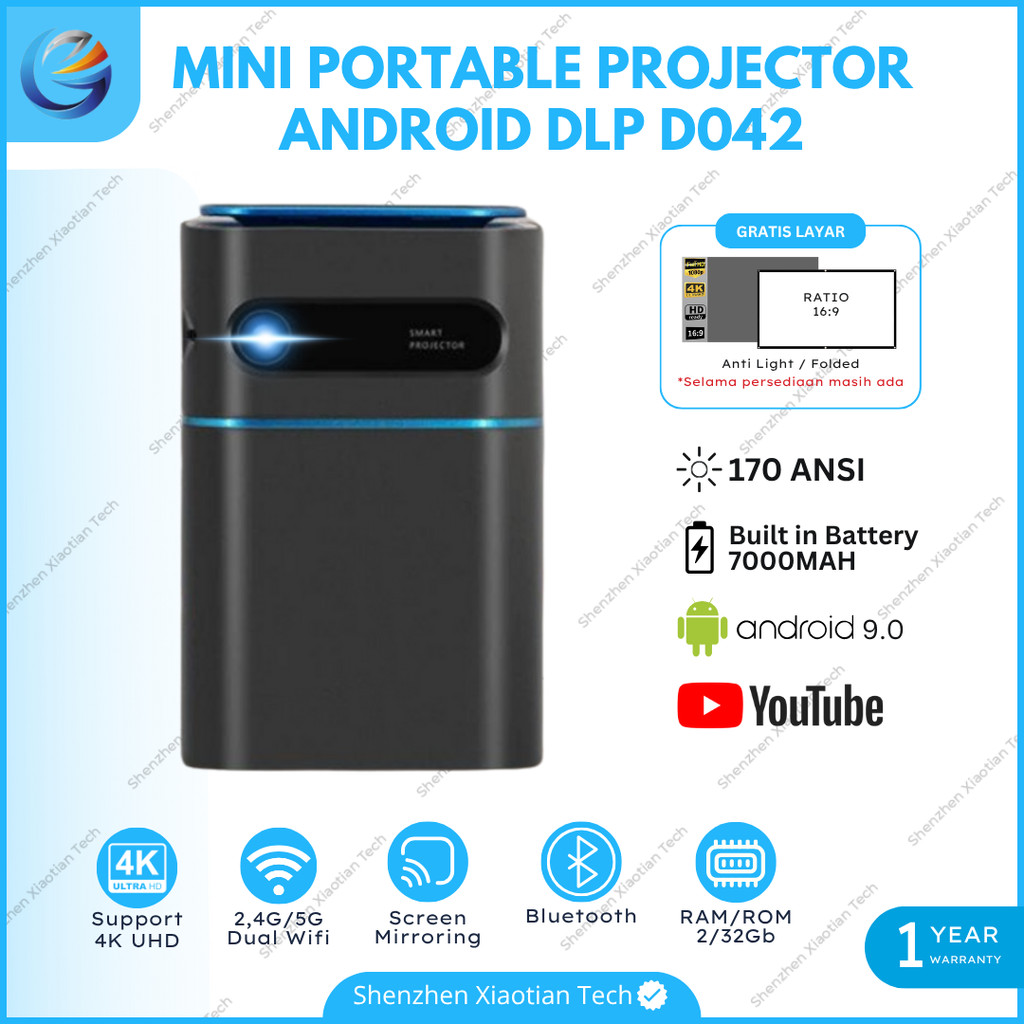 Proyektor DLP D042 Android Wifi Built in Baterai Proyektor D042 Android DLP Mini Proyektor D042