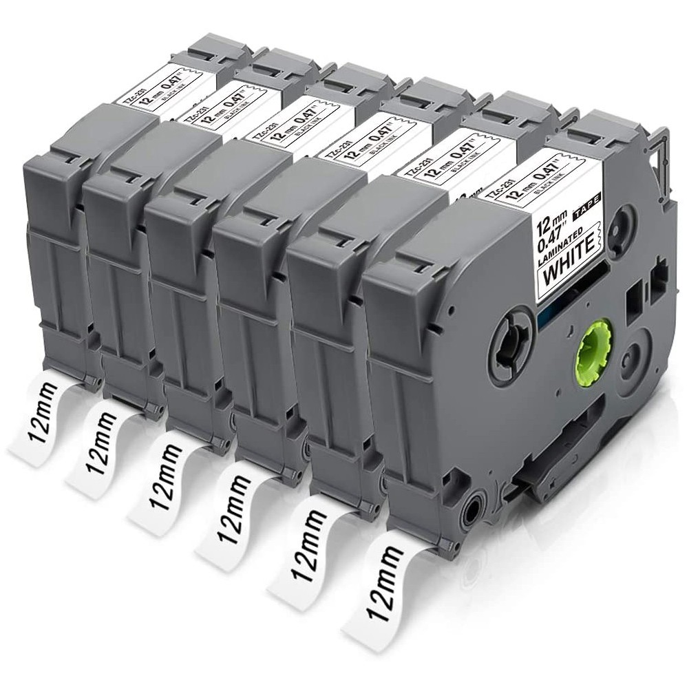 

Hot sale 6 Pcs 12mm 0.47 White Tape Black Ribbon on White Background Printer Label Tape Compatible with Ribbon Tz231