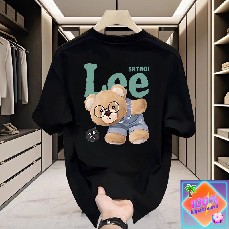 Cetak Beruang Imut Kaos T - Shirt Pendek Pria Kasual Katun, Trend Gaya Lucu