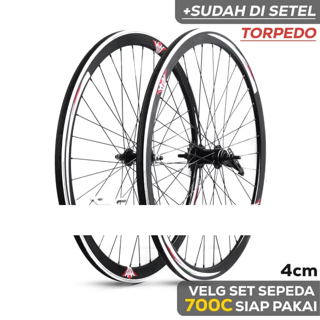Wheelset Velg Sepeda Uk 700c 4cm Alloy Hitam Torpedo Rims Roda Sier Jadi Fixie Balap Road Bike LESPO