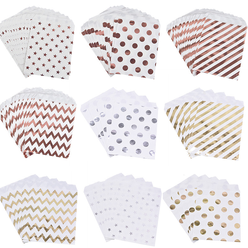 

25/50pcs Rose Gold Candy Paper Bag Star Chevron Dot Cookies Gifts Packaging Bags For Wedding Birthday Party Decor Snack Pouch