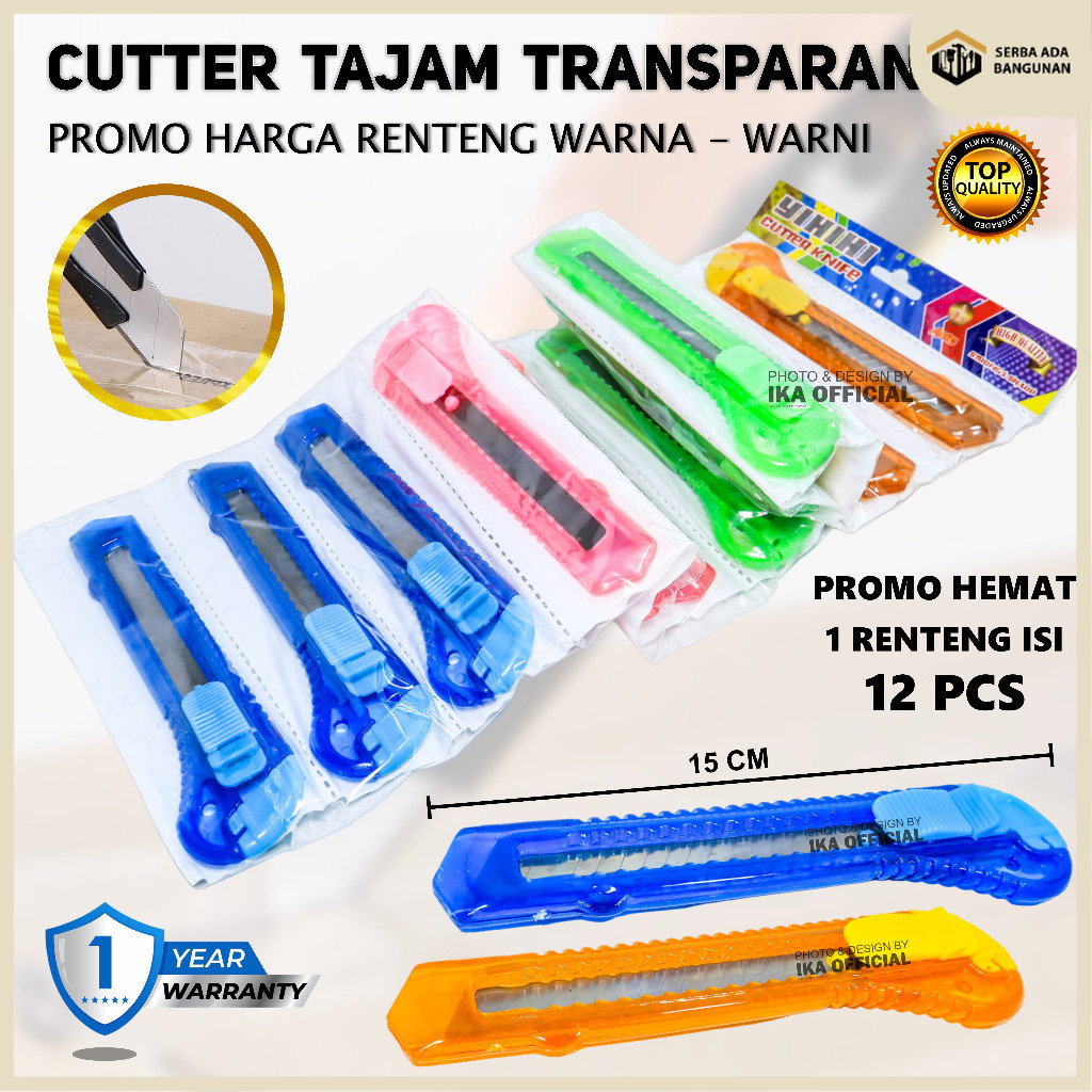 

SAB Pisau Cutter Ukuran Besar 12pcs Tajam 18mm Transparan Warna Warni Perlengkapan ATK untuk unboxing paket