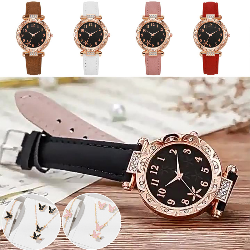 Set Perhiasan Jam Tangan Kupu-Kupu 5in1 - Kalung, Anting Cincin Gelang Berlian & Jam Quartz Digital
