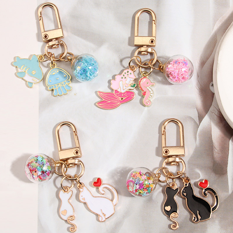 

Cartoon Enamel Shark Jellyfish Mermaid Keychain Cat Glass Beads Ball Key Ring For School Bag Accessories Headphone Cover Gifts
