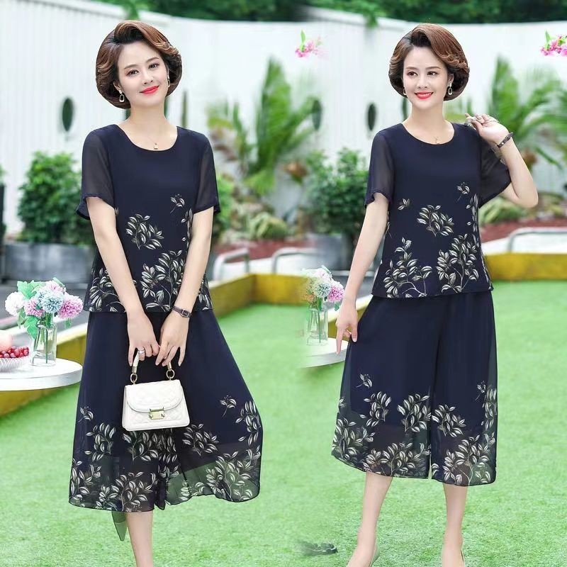 Setelan musim panas ibu berusia 4050 tahun setelan atasan dan celana panjang musim panas wanita paru
