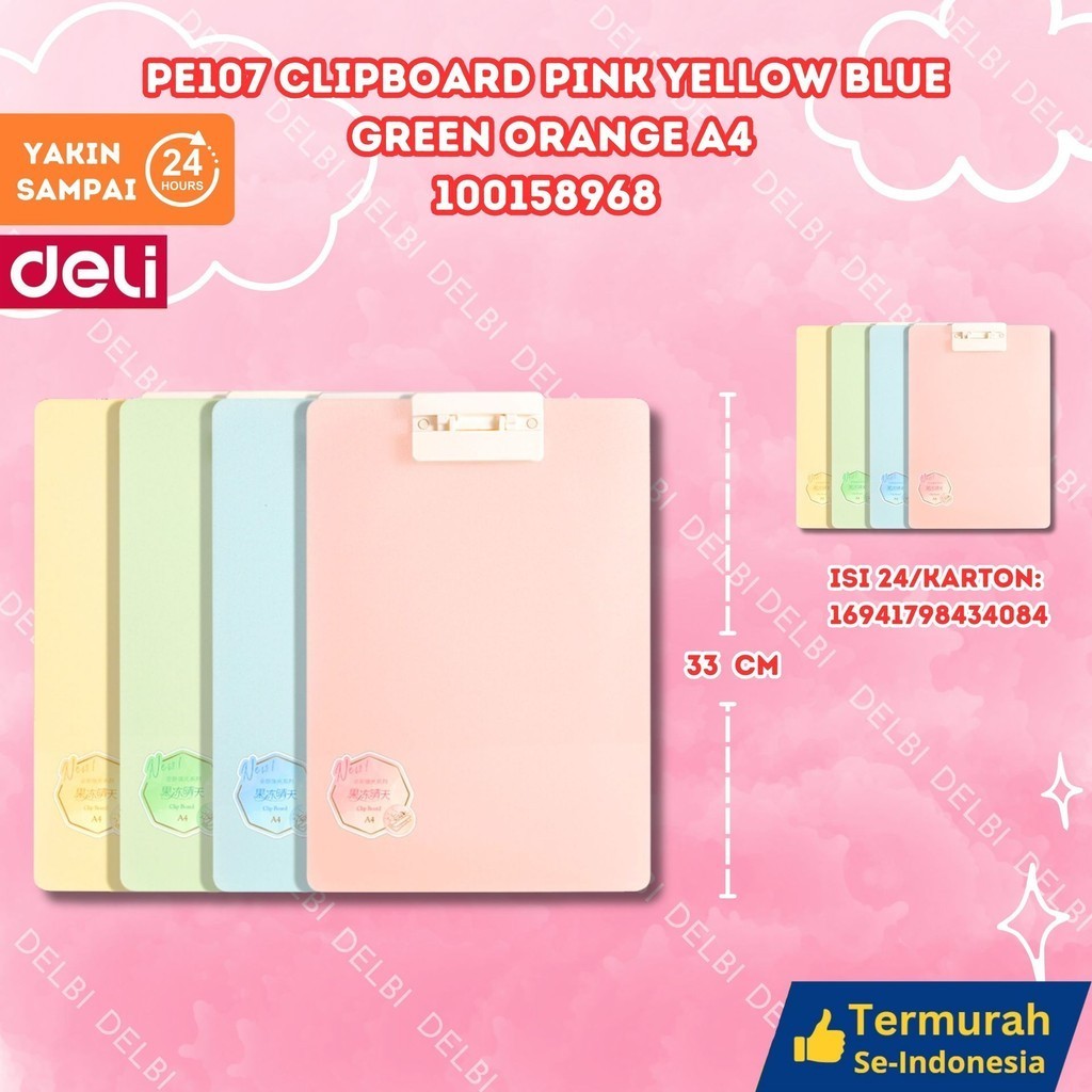 

Deli Papan Jalan PE107 CLIPBOARD PINK , YELLOW.BLUE GREEN ,ORANGE A4