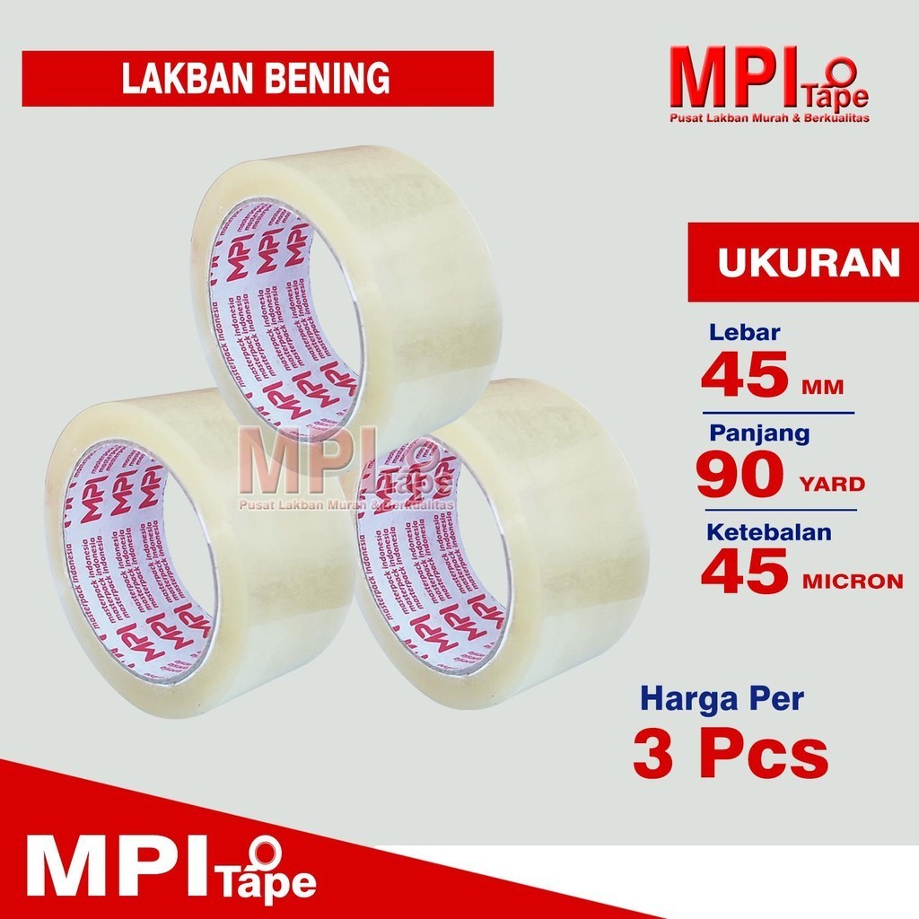 

3 Pcs - Lakban Bening Uk 45 mm x 90 Yard - Lakban Packing - MPI, Kualitas Super Rekat, Solusi Packing Hemat dan Kualitas Lem yang Bagus